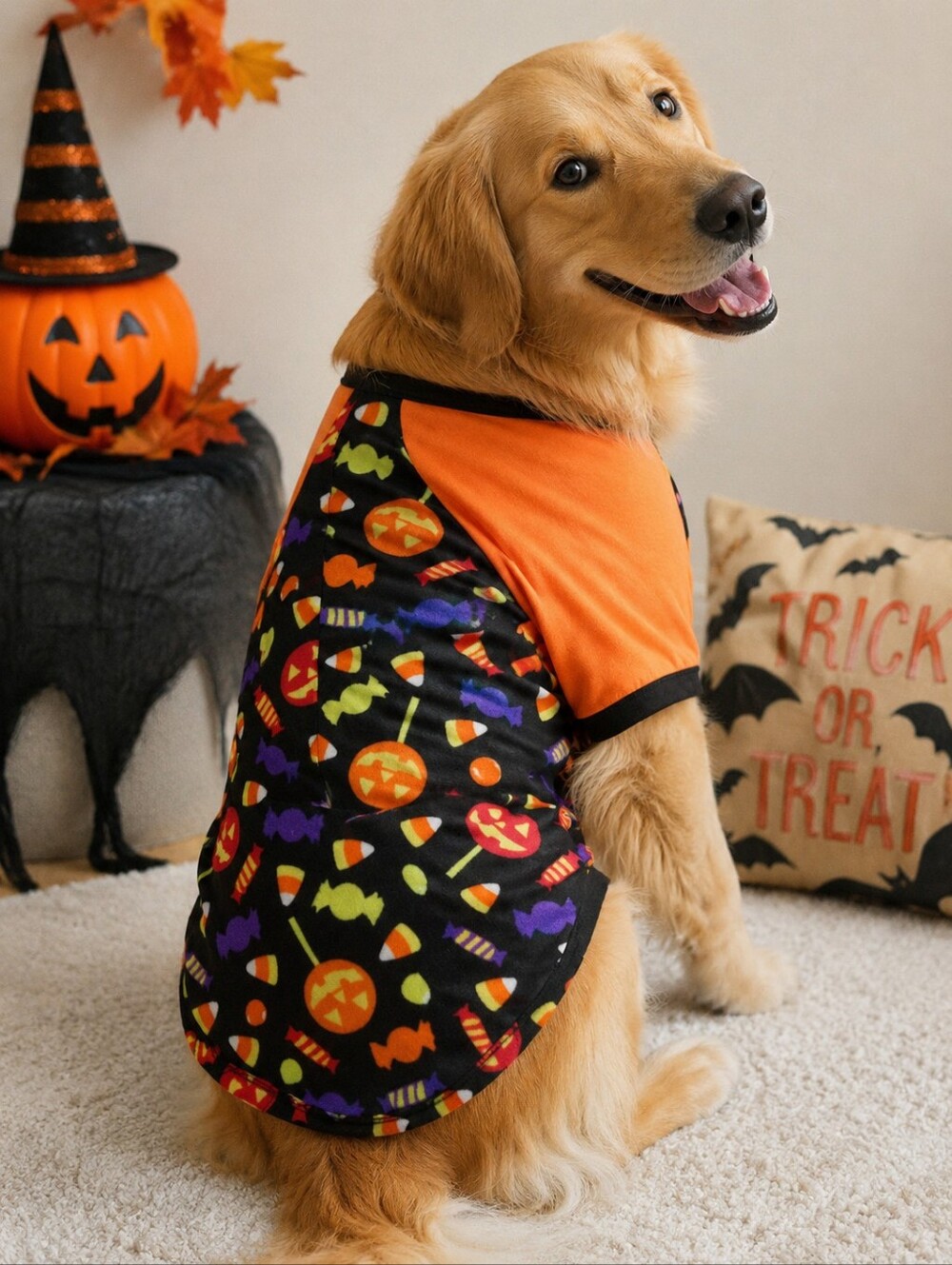 Way To Celebrate Halloween Pet Dog Shirt Black Orange All-over Candy Print EUC L